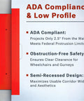 Semi Recessed Fire Extinguisher Cabinet Red For 5 To 10 Lb Extinguishers Heavy Duty Steel Wall Mount Box With Signage Seals And Tags ADA Friendly Ultra Low Profile Projects Only Two And A Half Inches No Extra Purchases Required side view with ADA compliance text