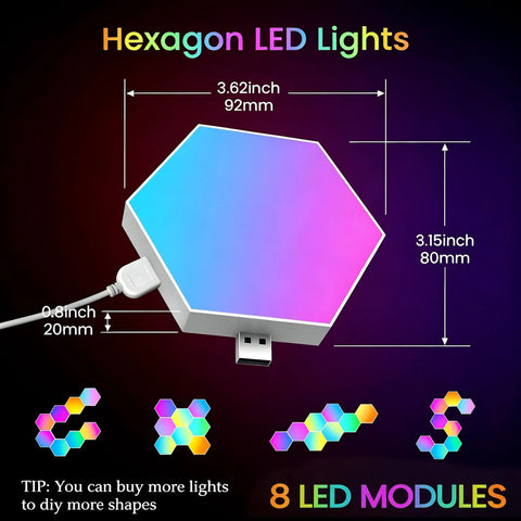 Close-up of 8 Pack Hexagon LED Wall Panels RGB Color Lights With App Control Music Sync And Remote, showing size and USB port.