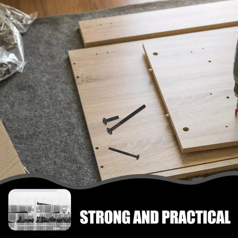 Heavy Duty 141 Piece Black Hex Socket Screw Kit With Matching Nuts And Furniture Fasteners For Crib Bed Frame Repair Rock Solid Aluminum Alloy Hardware Set on wooden planks.