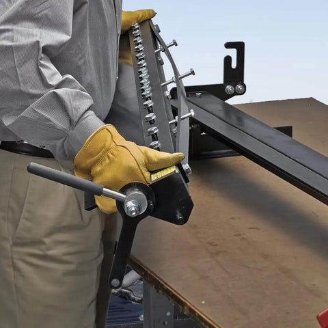 Person using MB48B 48 Inch Pan Style Mini Brake for portable on the job pans and large components 135 degree bends in 22 gauge steel.