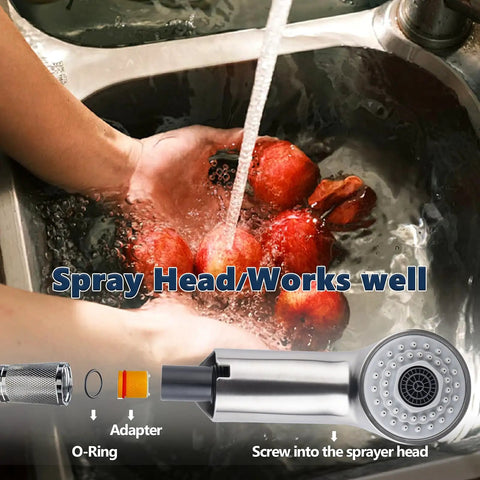 Heavy Duty Pull Out Spray Wand Replacement For Kitchen Faucets With Slick Super Steel Finish RustProof Construction Double O Ring Seal Kick Up Your Sink Game Smooth Daily Operation Pro Grade Quality in action cleaning apples in a sink.