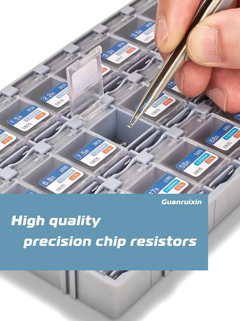 Hand using tweezers with Comprehensive EIA 0805 SMD Chip Resistor Kit For Pros With 72 Values From 0 Ohm To 10 Meg Ohm 7200 Pieces