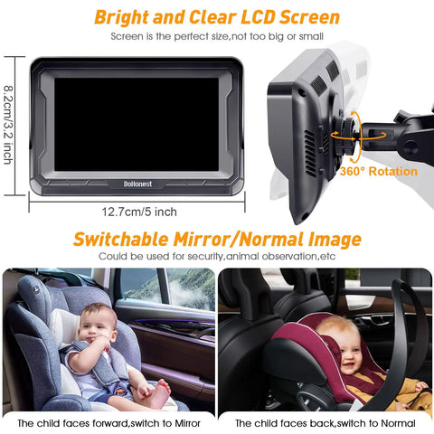 Cruise With Confidence Using This Rear Facing Baby Car Camera Featuring HD 1080P Clarity Ultra Wide View And Smooth Night Vision To Keep Tabs On Your Tot All Day Long, showcasing the LCD monitor and installation details.