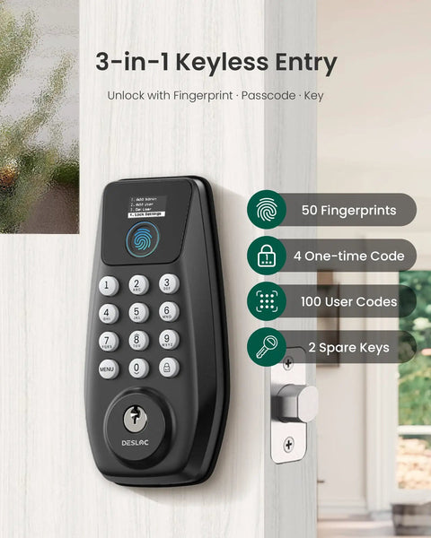 Keyless Entry Door Lock With Fingerprint Scanner, Smart Deadbolt For Front Door, Auto Lock, 100 PIN Codes, IP54 Waterproof, BHMA Grade 3