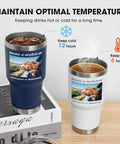 Top Shelf 30oz Custom Coffee Tumbler Stainless Steel Double Wall Vacuum Insulated Cooler Cup, one with iced drink and one with hot drink