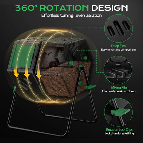 Dual Chamber 45 Gallon 170L Compost Tumbler With 360 Degree Rotating Design showing features and materials