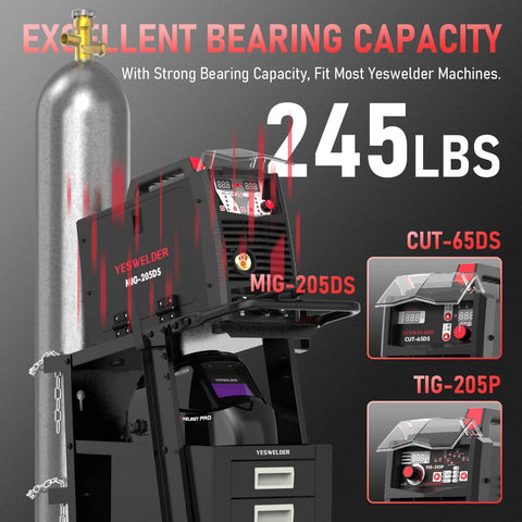 Heavy Duty Welding Cart With Four Drawers For MIG, TIG, And Plasma Cutter, shown with 245 lb capacity and cylinder rack.