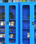 Heavy Duty Rolling Tool Chest And Garage Storage Cabinet Built Like A Tank With Thick Cold Rolled Steel And Multiple Drawers For Serious Shop Organization And Gear Safety On The Daily, blue cabinet with transparent doors holding tools and supplies.
