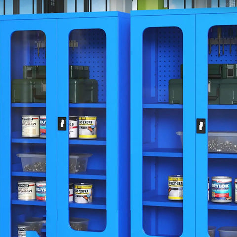 Heavy Duty Rolling Tool Chest And Garage Storage Cabinet Built Like A Tank With Thick Cold Rolled Steel And Multiple Drawers For Serious Shop Organization And Gear Safety On The Daily, blue cabinet with transparent doors holding tools and supplies.