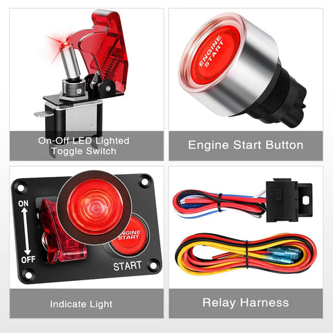 12V 2 In 1 Ignition Switch Panel With Rocker And Engine Start Button Toggle Switches Relay Harness And LED Indicator components