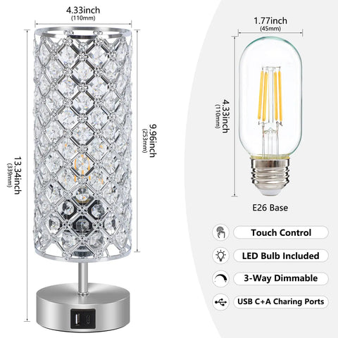 Crystal Touch Table Lamps Set of 2 With USB C and USB A Charging Ports, 3-way dimmable with LED bulb and touch control detail.