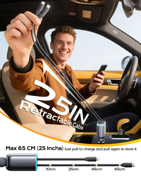 Person using Car USB C Fast Charger With Retractable Cables 4 In 1 Cigarette Lighter Adapter, displaying 25-inch reach