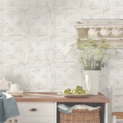 White Tin Tile Metallic Peel And Stick Wallpaper Easy Install DIY Friendly Repositionable And Removable No Mess Accent Wall Decor 20.5 Inch Wide By 16.5 Feet Long Covers About 28.2 Sq Ft in a rustic kitchen with plants and decor.