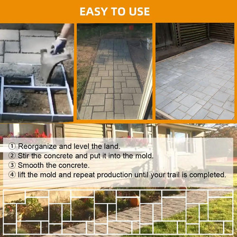 Plus Size 20 By 20 Inch Concrete Path Maker Mold in use creating walkway, showing step-by-step mold process for easy DIY path.