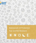 Close-up of Heavy Duty Waterproof Tarp 10x20 White Poly Tarpaulin With Grommets 10 Mil Thick UV Resistant Outdoor surface with water droplets.