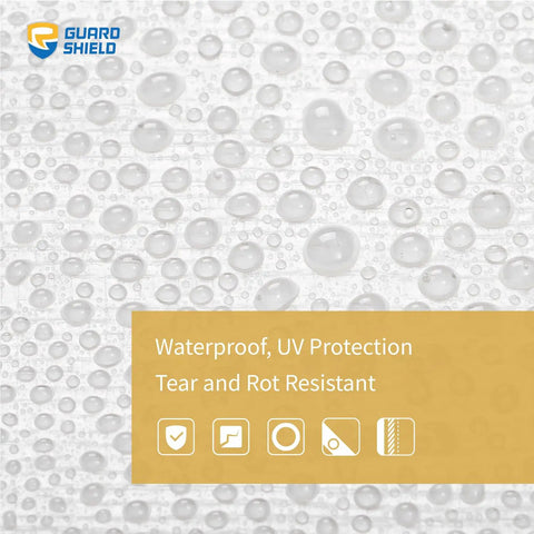 Close-up of Heavy Duty Waterproof Tarp 10x20 White Poly Tarpaulin With Grommets 10 Mil Thick UV Resistant Outdoor surface with water droplets.