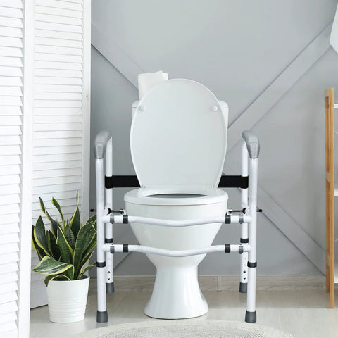 Rock Solid Free Standing Toilet Safety Rail With Quick Adjust Height And Width Settings Secure Bathroom Handrail For Aging Adults 300 Pound Load Capacity Hassle Free Setup next to white toilet in modern bathroom.