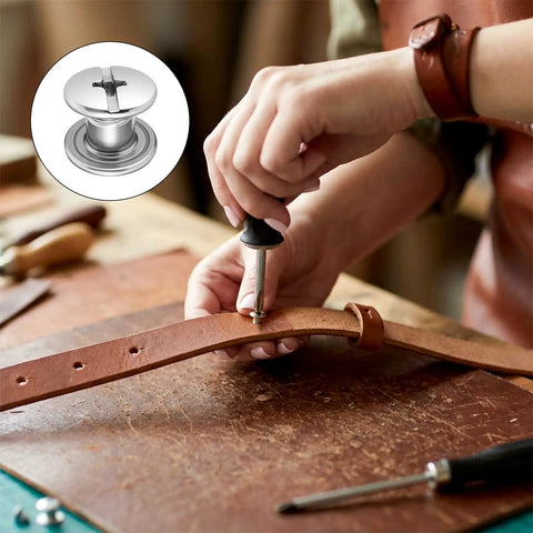 Close-up of Hardcore Stainless Steel Chicago Screw Rivets Kit With Phillips Heads being used on leather belt for crafting.