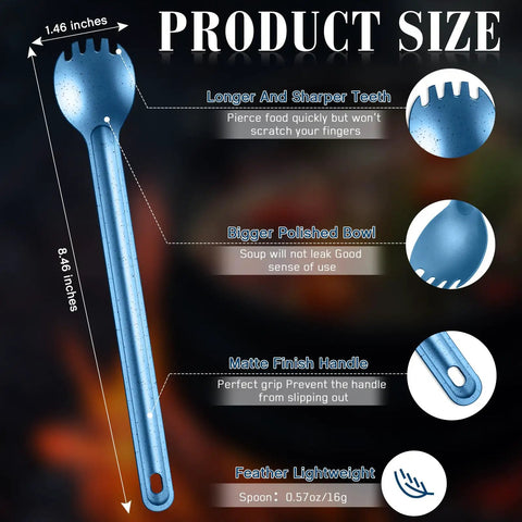 Ultralight Titanium Long-Handle Spork Set, 4-Pack, 8.7 Inch Spoon Camping Utensils, side view with size details