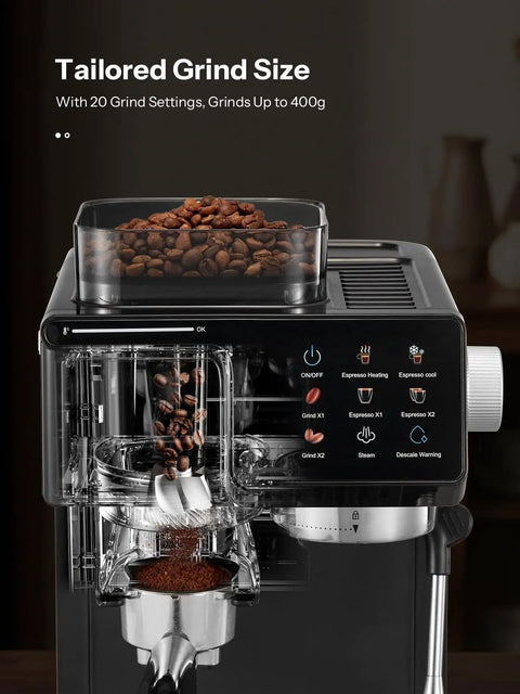 Hassle Free Home Barista Espresso Machine Featuring Customizable Grind Options And Intuitive Touchscreen Controls For Smooth Daily Pulls And Velvety Frothed Drinks, showing beans and grind settings.
