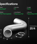 8 Inch Flexible Aluminum Ducting For HVAC Ventilation 25 Ft Air Duct Hose With Two Clamps Multi Layer Dryer Duct and specifications