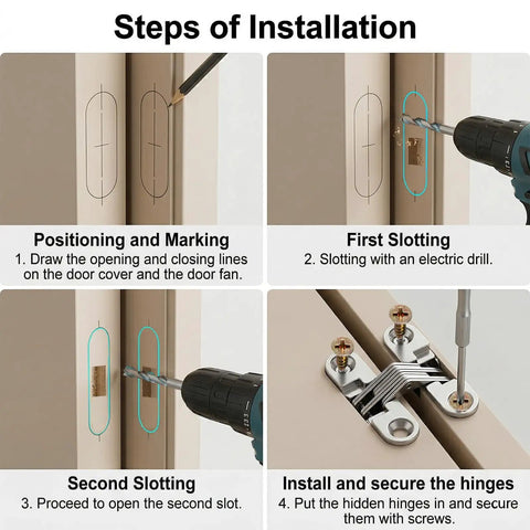 Installation steps for 4 Pack Stainless Steel 180 Degree Hidden Cabinet Hinges for Frameless Doors with electric drill and screws