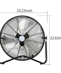 High Velocity 20 Inch Floor Fan With Three Speed Settings And Heavy Duty Metal Build, front view showing dimensions.