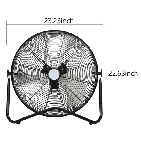 High Velocity 20 Inch Floor Fan With Three Speed Settings And Heavy Duty Metal Build, front view showing dimensions.