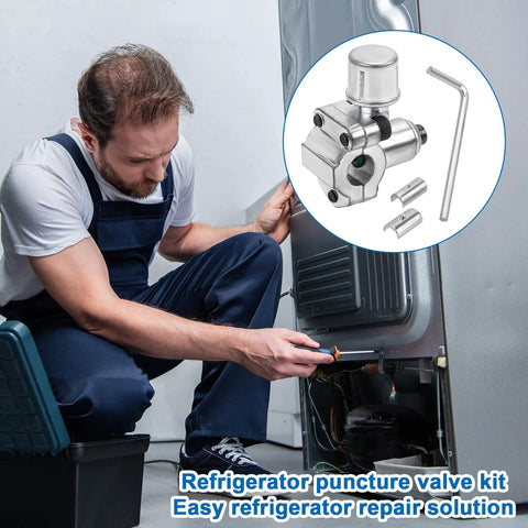 Metal BPV-31 piercing valve kit with 2 valves, 2 hex keys and 4 adapters for 1/4, 5/16, 3/8 in refrigerator pipes.