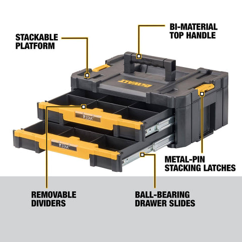 Sturdy TSTAK Tool Storage Organizer With Double Drawers Holds Up To 16.5 Lbs, Ball Bearing Drawer Slides, Bi Material Handle, Stackable Design