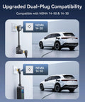 Upgraded Level 2 EV Charger with 24A Dual Outlet plugged into NEMA 14-30 and 14-50, charging an EV in a garage setting.
