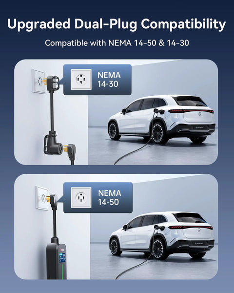 Upgraded Level 2 EV Charger with 24A Dual Outlet plugged into NEMA 14-30 and 14-50, charging an EV in a garage setting.