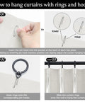 Diagram showing how to hang Pinch Pleat Blackout Curtains 84 Inch Long 2 Panels 40 Inch Wide Greyish White using rings and hooks.