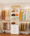 Slick Modular Closet Organizer System With Hella Flexible Span Up To Nine Feet featuring three solid drawers and four hanging rods.