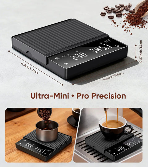 Rechargeable Coffee Scale With Timer, Mini 2kg Capacity, 0.1g Precision For Espresso And Pour Over Brews, Portable Digital Kitchen Scale For Accurate Brew Ratios On The Go shown with coffee beans and measuring cup