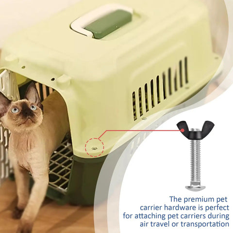 24 Set M6 Replacement Bolts And Butterfly Wing Nuts For Plastic Pet Crate Repair Kit Heavy Duty Hardware Set For Dog Cages Kennels And Portable Carrier Fasteners No Fuss Secure Locks Every Time with a cat near a pet carrier.