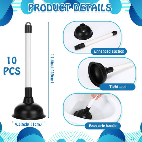 Heavy Duty Bulk Toilet Plungers 10 Pack Rubber Suction Cup Drain Pump With Plastic Handle Clog Remover Bathroom Supply Straight Shooter Pipe Clearer No Fuss For Home Use showing 11.4 inch plungers with 4.3 inch cup.