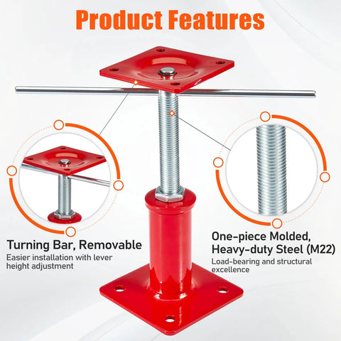 Built Like A Tank Heavy Duty 4 Pack Foundation Jacks With Swiveling Tops Adjustable 7 To 11 Inches Holding 11023 Pounds, showing removable turning bar and steel structure.