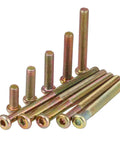 Beefy Socket Cap Screws Set M6 M8 Zinc Plated Heavy Duty Furniture Barrel Screws 90mm Flat Hex Drive Metric Threaded Bolts Nuts Corrosion Resistant for Home Improvement Electronics Machinery lined up in varying sizes on a white background.