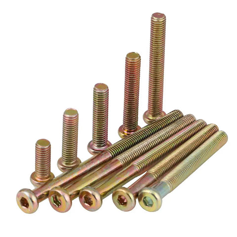 Beefy Socket Cap Screws Set M6 M8 Zinc Plated Heavy Duty Furniture Barrel Screws 90mm Flat Hex Drive Metric Threaded Bolts Nuts Corrosion Resistant for Home Improvement Electronics Machinery lined up in varying sizes on a white background.