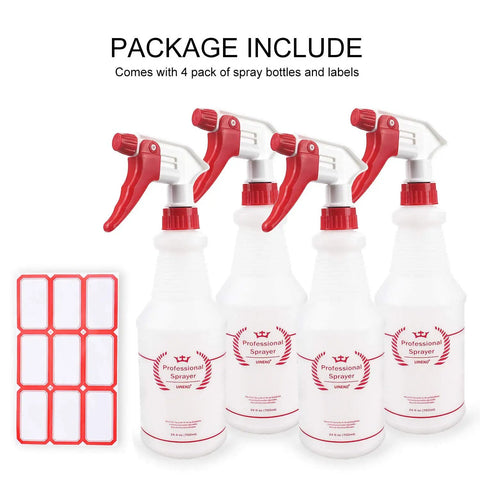 All Purpose Spray Bottles 4 Pack 24 Oz Heavy Duty Leak Proof Workhorse Sprayers with Adjustable Mist To Stream Nozzle and labels