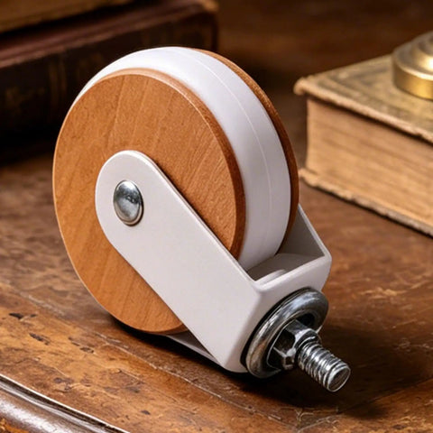 Heavy Duty Casters 4 Pieces M8 Threaded Heavy Duty Silent Replacements close-up on wooden surface showing wheel design and metal fitting.
