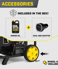 10,000-Watt Electric Start Home Backup Open Frame Portable Inverter Generator accessories: engine oil, USB adapter, wheel kit