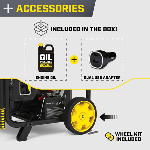 10,000-Watt Electric Start Home Backup Open Frame Portable Inverter Generator accessories: engine oil, USB adapter, wheel kit