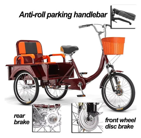 Adult Tricycle Rickshaw With Foldable Back Seat And Dual Brakes Front Fork Shock Absorber Double Chain Drive Pneumatic Spoke Wheels