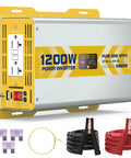 1200W Pure Sine Wave Inverter 12V DC to 120V AC with LCD Display, GFCI Outlet, cables, and fuses, ideal for portable solar backup