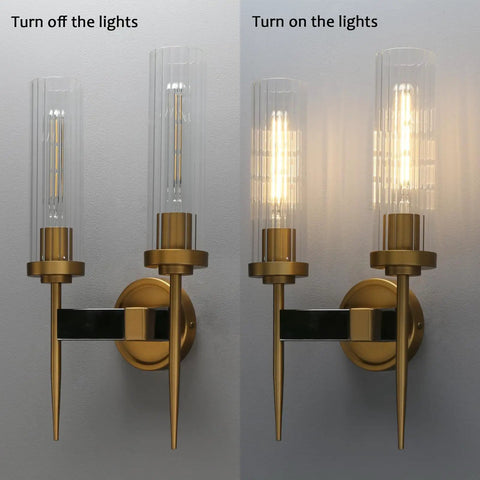 Two-Light Gold Brass Wall Sconces with 2.8 Inch Cylindrical Clear Glass Shades, Dimmable, E26 Base Compatible, lights on and off