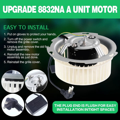 Upgraded 8832NA Blower Motor 100CFM Replacement For 8832N Series Exhaust Fans Pure Copper JA2B099N shown with installation directions