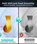 Comparison of Creality CR-Silk 3D filament in glossy gold vs matte gray filament on a textured background.