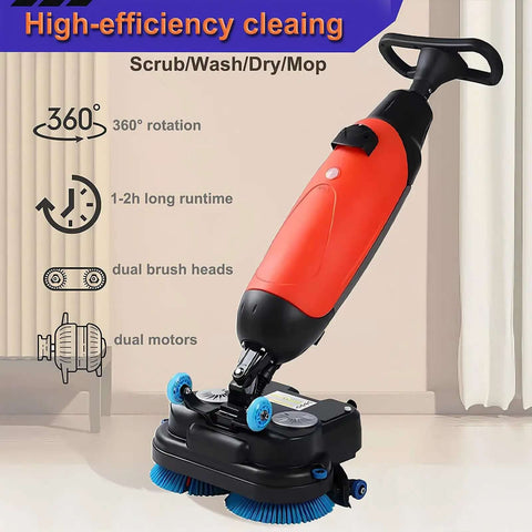 Front view of Beast Mode Industrial 18 Inch Floor Cleaning Machine With 240 RPM Scrubbing And Buffer Action Cleans Carpet And Hard Floors Fast 3 Gallon Tank Dual Brush Heads 13000 Sqft Per Hour Coverage Red